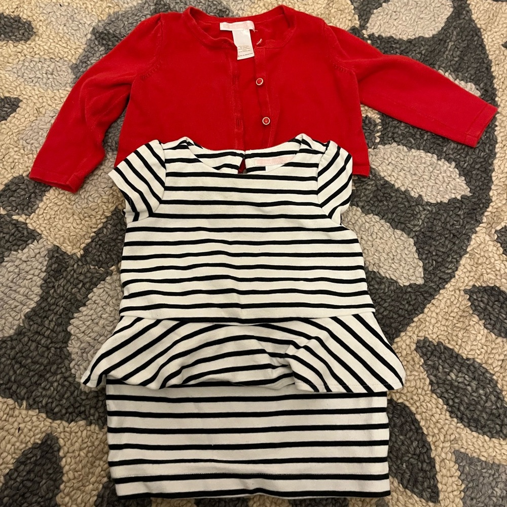 Janie and Jack 18 month black and white stripe peplum dress and red cardigan
